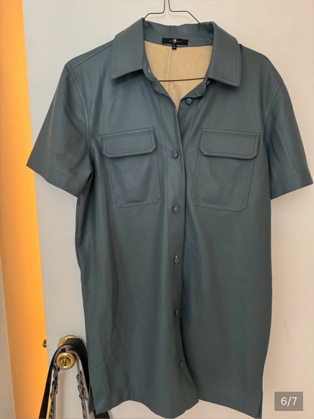 7 for All Mankind Shirt Dress Women Large Grey/Green Faux Leather Button - Picture 5 of 8